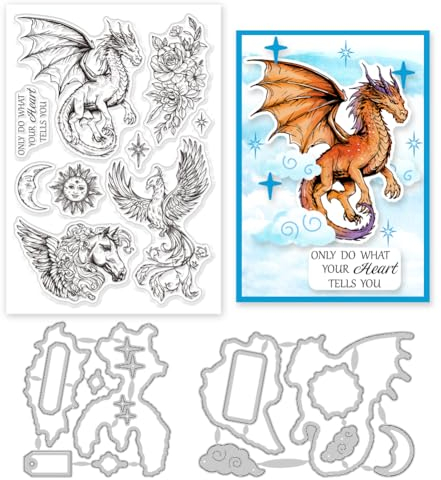 GLOBLELAND Magic Dragon Phoenix Clear Stamps Und Stanzformen, Silikon Clear Stamps Karten Und Metallstanzformen Für Kartenherstellung Und DIY Präge Scrapbooking