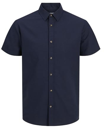 JACK & JONES Mens Cotton Shirts, Short Sleeve Button Down Summer Polo Shirts for Men UK, Navy Colour, Size M