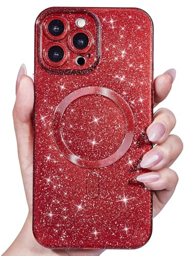 Svanove Glitter Case for iPhone 12 Pro Phone Case Magnetic Compatible with Magsafe, Sparkle Bling Shiny Cute Girly Design, Aesthetic Slim Soft TPU Mag Cover for Women Girl, Burgundy Wine