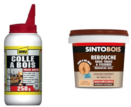 UHU Colle à bois express - Plus forte que le bois, résistante à l'humidité, D2, sans solvants & Sinto Rebouche Bois pour Gros Trous et Fissures Bois Clair - 500 g - Facile et Prêt à l’Emploi