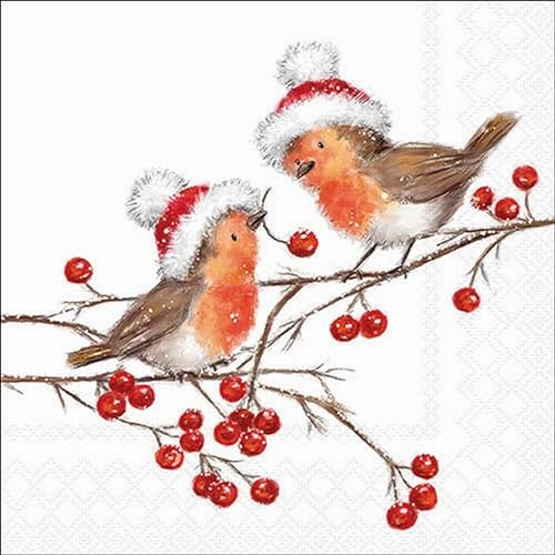 20 Servietten Winter Rotkehlchen mit Weihnachtsmütze als Tischdeko. Papierservietten mit Motiv. Auch für Decoupage und Serviettentechnik 33x33cm