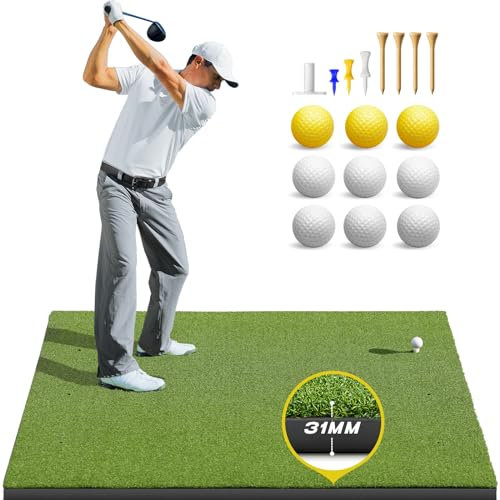 Bltend Golf Mat Pro, 5x4ft Golf Hitting Mats Practice Outdoor Indoor, 31 mm Thickened Artificial Turf Golf Practice Mats with 9 Golf Balls, 8 Golf Tees, Golf Driving Mat for Backyard Home Practice