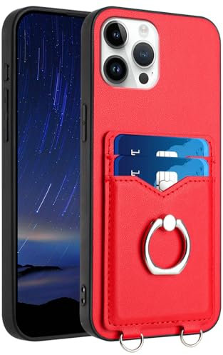 Knoowcase for iPhone 12 Pro Max Case with Card Holder Ring Shockproof PU Leather Wallet Pouch Silicone Bumper Kickstand Anti-Scratch Protective Cover Case for iPhone 12 Pro Max, Red