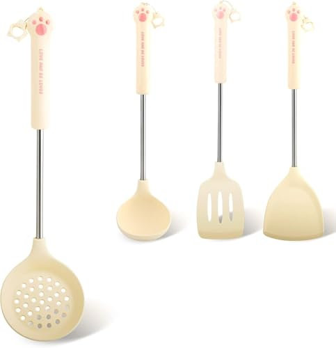 Juego de 4 utensilios de cocina de silicona resistente al calor y utensilios de cocina de acero inoxidable en forma de pata de gato, herramientas de cocina imprescindibles para el hogar