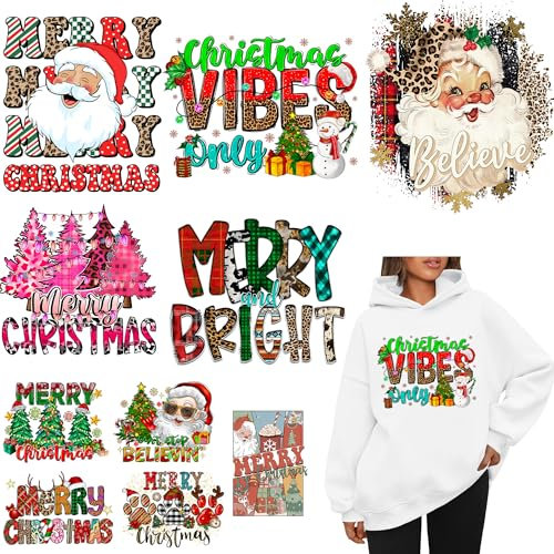 10 x Weihnachts-Aufkleber zum Aufbügeln oder Aufbügeln, Wärmetransfer-Flicken für Kleidung, Kapuzenpullover, Frohe Weihnachten, Wärmepresse, Aufkleber, Aufnäher, Weihnachtsmann-Design, waschbar,