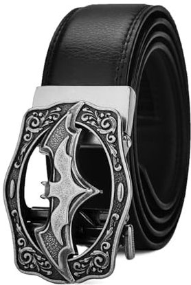 Canarea Gürtel Herren Leder mit Ratsche Automatik Retro Gürtel, Schlicht Ledergürtel Fledermaus Stil für Männer Jeans Business Anzug 35mm Breit (Silber, Schwarz, 120 CM)