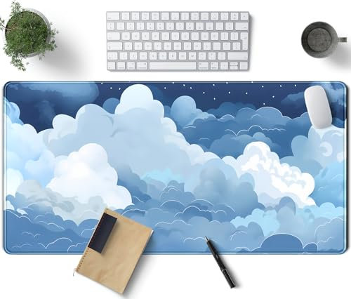 TENG DA QING Aesthetic Blue and White Puffy Clouds XXL Large Kawaii Extended Gaming Desk Mat, 31.5x15.7 in