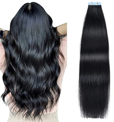 SUYYA Tape Extensions Echthaar,Invisible Tape in Extensions Echthaar Seidig Gerade Remy Tape Haarverlängerungen Echte Menschliches Haar 28 Zoll 70cm 20 Stück 60G #1 Tief Schwarz