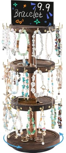 Lolalet 4 Tier Bracelet Holder, Wooden Rotating Jewelry Display Stand with 42 Hooks Jewelry Tray 360 Degrees Rotatable Rustic Tree Storage for Bracelets Key Chains Small Accessories -Darkbrown