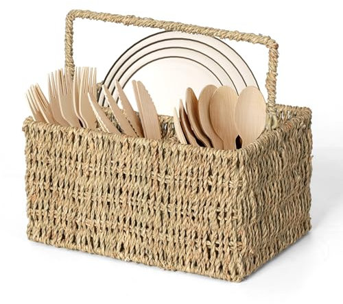 WEAVELYRICS Wicker Flatware Organizer, Seagrass Cutlery Holder, Outdoor Silverware Caddy, Woven Divided Utensil Caddy with Handle, Utensil Holder for Forks, Knives, Spoons, Napkins (Natural Seagrass)