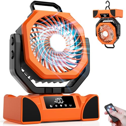 3-In-1 Camping Fan with Powerful 5 Speed, 20000mAh Portable Rechargeable Fan,Outdoor Battery Powered Tent Fan with LED Light,Screen and Remote Control for Camping,Power Outage,Hurricane,Jobsite,Orange