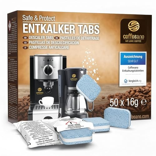 50x 2in1 Entkalkungstabletten für Kaffeevollautomaten und Kaffeemaschinen. 2in1 Entkalkungs-Tabs für Siemens, EQ-Serie, Jura, Delonghi, Krups, Bosch, Miele, WMF uvm. von Coffeeano.