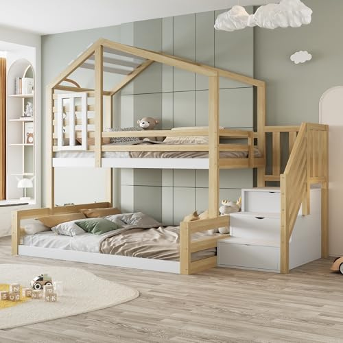 ZYLOYAL10 90 * 200cm Kinderhochbett mit Stauraumtreppe (Natur)
