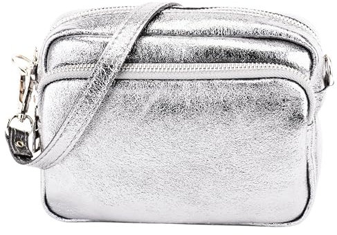 SH Leder Echtleder Umhängetasche Clutch kleine Tasche Abendtasche Alltagstasche mit Verstellbar Schultergurt 18x13cm Pia G394 (Silber)