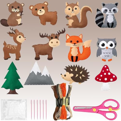 Mockotta Nähset Für Kinder,Nähset Kinder,Filztiere Nähen Set,DIY Nähset Kinder Tierformen,Kinder Nähset,Nähen Kinder,Pädagogisches Nähset für Anfänger Kinder,Festliche Kreativsets(WaldTier)
