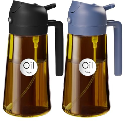 YARRAMATE 16oz/470ml Light Blocking Dark Brown Oil Sprayer for Cooking | With Stickers, Food-grade Premium 2 in 1 Olive Oil Dispenser Bottle for Kitchen Gadgets, Salad, Frying, BBQ (Black&Navy)