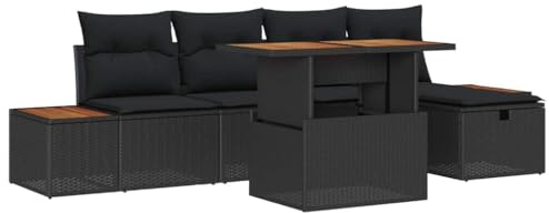 vidaXL 6-teiliges Garten-Sofa-Set mit Kissen in Schwarz aus Poly-Rattan. Perfekt für die Terrasse! Modernes Design, ideal für Dein Lounge-Ambiente. Die modulare Konfiguration passt Sich super an.