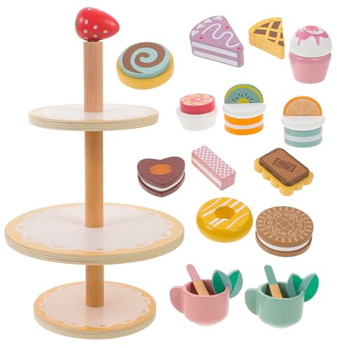 Uonlytech Wooden Cake Play Set for 3-Tier Dessert Stand Pretend Play Realistic Simulation Cupcake and Cake Props for Early Education and