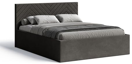 Meblofun Polsterbett ABETE mit Kopfteil, 180x200 cm, Doppelbett mit Bettkasten und Lattenrost aus Holz, Velourstoff, Farbe: Dunkelgrau