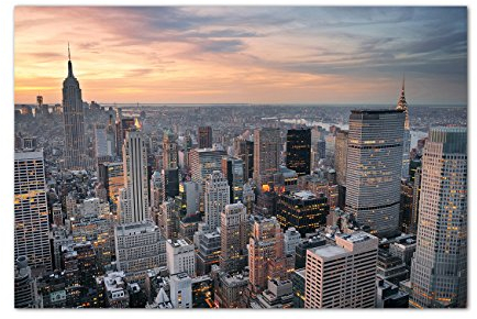 Paul Sinus Art 120x80cm - WANDBILD New York Skyline Sonnenuntergang - Leinwandbild auf Keilrahmen modern stilvoll - Bilder und Dekoration