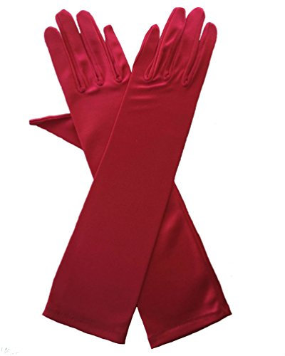 RUNHENG Women's Evening Party 17.75 inch Long Sillky Finish Satin Finger Gloves (Red)