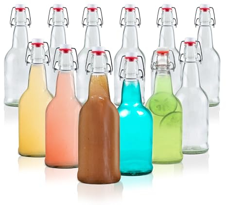 Ilyapa 16 Ounce Clear Swing Top Glass Beer Bottles for Home Brewing - Carbonated Drinks, Kombucha, Kefir, Soda, Juice, Fermentation, 12 Pack Glass Bottle with Airtight Rubber Seal Flip Caps