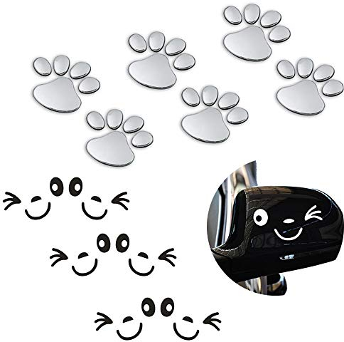 HOSTK 12 stück 3D Silber Chrome Hund Pfote Fußabdruck Auto Aufkleber Lächeln Gesicht Aufkleber Flügeltür Spiegel selbstklebende schwarz und weiß