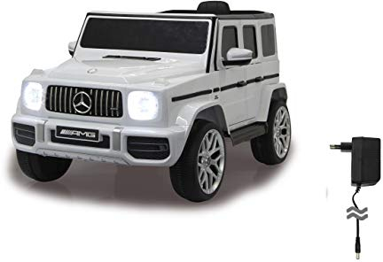 JAMARA 460640 Ride-on Mercedes-Benz AMG G 63 12V-2-Gang, 2 leistungsstarke Antriebsmotoren, 12V Akku Lange Fahrzeit, USB, Akkuanzeige, Softanlauf, gefederte Hinterachse, LED, weiß