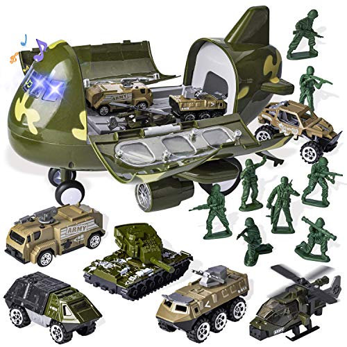 JOYIN Lot de 15 Avions de Transport Militaire à Friction avec Voitures Militaires moulées sous Pression, Dont 6 véhicules Militaires moulés sous Pression et Figurines d'action pour Hommes de l'armée