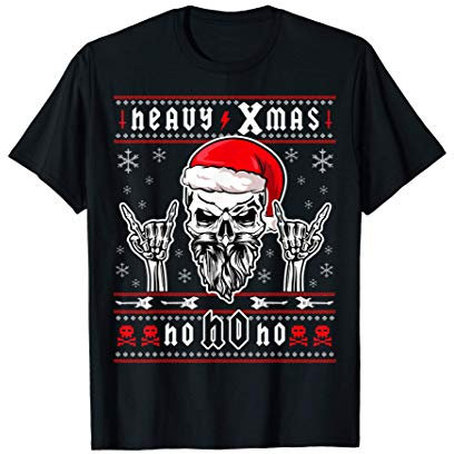 Death Heavy Metal Grunge Design Geschenke - Herren - Schwarz - S - Kurzarm - T-Shirt - Heavy-Metal-Weihnachten - Cartoon - Ugly Ho Design - Totenkopf mit Weihnachtsmütze