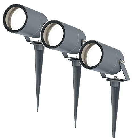 HOFTRONIC - 3 focos LED Spikey con estaca, 5 W, 6000 K, antracita, IP65, resistente al agua, lámpara exterior para la iluminación de jardín, terraza, plantas, caminos, estanques, exteriores