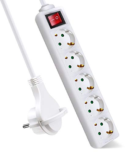 EXTRASTAR Steckdosenleiste 5-Fach, Flachstecker Mehrfachsteckdose mit Save Energy-Schalter, Flacher Stecker mit 5m Kabel, IP20, 16A, 3680W, Weiβ
