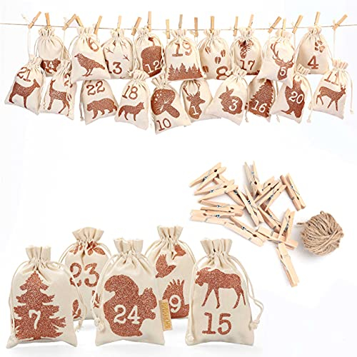Papierdrachen 24 Adventskalender Stoffsäckchen zum Befüllen - mit Glitzerdruck - Stoffbeutel zum selber Dekorieren - Geschenksäckchen - Waldtier Glitzer Set Nr 25