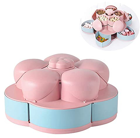 Ygapuzi Double Deck Snack Box Blumenförmige rotierende Süßigkeiten Servierbehälter, 10 Grid Creative Snacks Aufbewahrungstablett für Trockenfrüchte, Nüsse, Pommes, Oliven (Neues Pink)