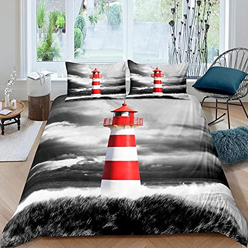 WNQNLD Bettwäsche 135x200 cm Grauer Leuchtturm Weiche Mikrofaser Bettwäsche Set mit Reißverschluss Schließung Leicht Bettbezug und 2 Kissenbezug 80x80 cm