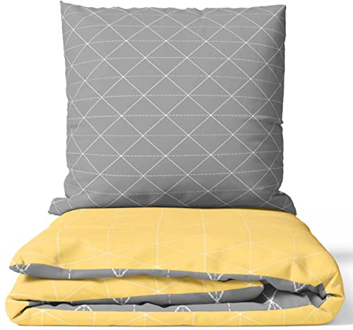 Leonado Vicenti - Baumwolle Bettwäsche 3tlg. Set 240 x 220 cm + 2X (80 x 80 cm) Raute Gelb Grau gestreift modern Schlafzimmer Garnitur Set Bezug Decke