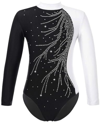 Freebily Kinder Mädchen Gymnastikanzug Glitzer Langarm Ballett Tanz Trikot Leotard Sportbody mit Kunstdiamanten Training Ballettbekleidung A_Weiß 134-140