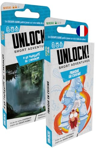 ASMODEE Space Cowboys – Unlock! Short Adventure – Panik in der Küche + Verfolgung von Cabrakan – Escape Game für Erwachsene – Kartenspiele – Kinder ab 10 Jahren – französische Version