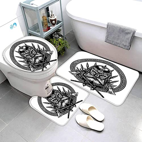 AOLIGL Badezimmermatte Set Wikinger Mit Ringen 3D Drucken Skandinavien Teppich Badezimmer Badgarnitur 3teilig Mikrofaser Bath mat U-förmigen Contour Matte- WC Vorleger 40 x60