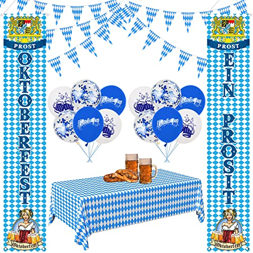Oktoberfest Deko Set Bayerisches Bierfest Dekoration, Bierfest Willkommen Veranda Zeichen 10m Wimpel Banner Girlande 12 Luftballons, Oktoberfest Thema Party für Zubehör Indoor und Outdoor Dekoration