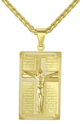 Hanessa Personalisierte Kette mit Gravur Edelstahl 53+5 cm Dog Tag Jesuskreuz Vater unser (spanisch) in gold - Halskette für Männer - Personalisierter Schmuck Herren