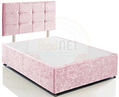 BEDNET Crushed Velvet Divan Bed Base Frame and Storage Drawers in Single Double King Size with Cube Headboards for Beds Bases (Pink Crushed, 3FT - Single with No Drawers)