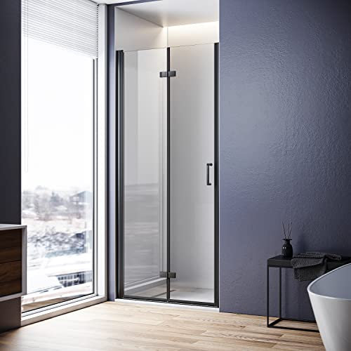 Sonni Mamparas de Ducha Frontales Negras Puerta Plegable 80x195 cm, Cristal ESG Templado de 6mm con Recubrimiento Nano