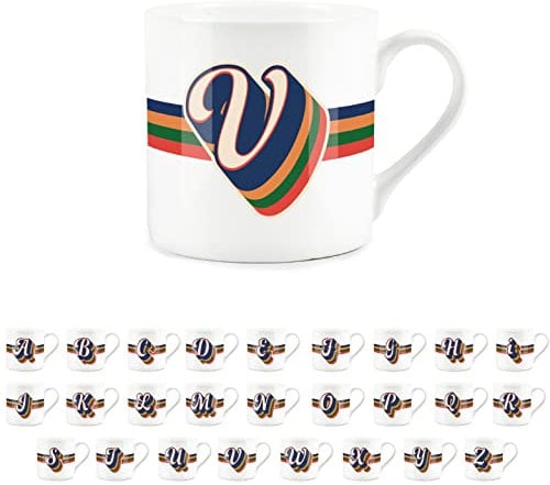 Purely Home Retro Alphabet Letter V Mug - Bone China White Coffee Tea Present Personalised Initial Gift