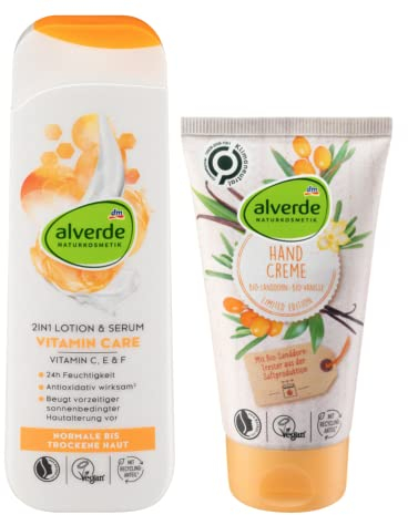 alverde NATURKOSMETIK 2er-Set Hautpflege: Bodylotion Serum 2in1 VITAMIN CARE intensive Feuchtigkeit & gegen sonnenbedingte Hautalterung (250 ml) + Handcreme BIENENGLÜCK (75 ml), 325 ml