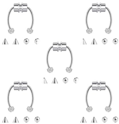 Paowsietiviity 5 Set Magnetische Fake Septum Nasenringe Hoop Hufeisen für Frauen Xiangbala Silber Silber Shambhala Ball