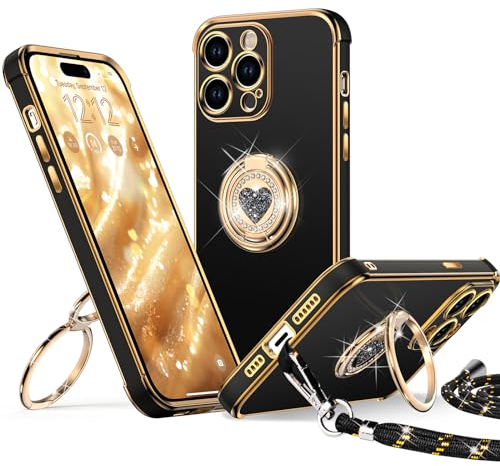 XYZ for iPhone 14 Pro Max Case with Stand, Heart Lanyard for Girls Women, Luxury Cute Bling Protective Cover for iPhone 14 Pro Max, Black