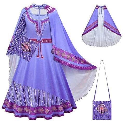 YOSICIL Vestito Asha Wish Bambina Costume Asha Wish Abito da Principessa con Borse/Mantello per Bambini Compleanno, Halloween, Feste, Cosplay,Viola 120