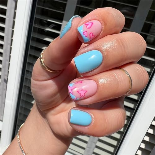 24 Pcs French False Nails - Blue Press on Nails - Full Cover False Nails Square Stick on Nails with Red Heart - Acrylic with Glue Elegant French Design Sweet Fake for Women Girls