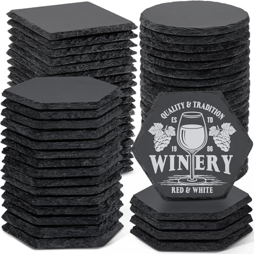 MAPRIAL Lot de 60 Dessous De Verre en Ardoise Noire, 20 CarréS, 20 Ronds Et 20 Hexagonaux sous Verre (4 Pouces / 10 Cm). FabriquéS à La Main, IdéAux pour La Gravure Au Laser, Cadeaux, Fêtes, Maison